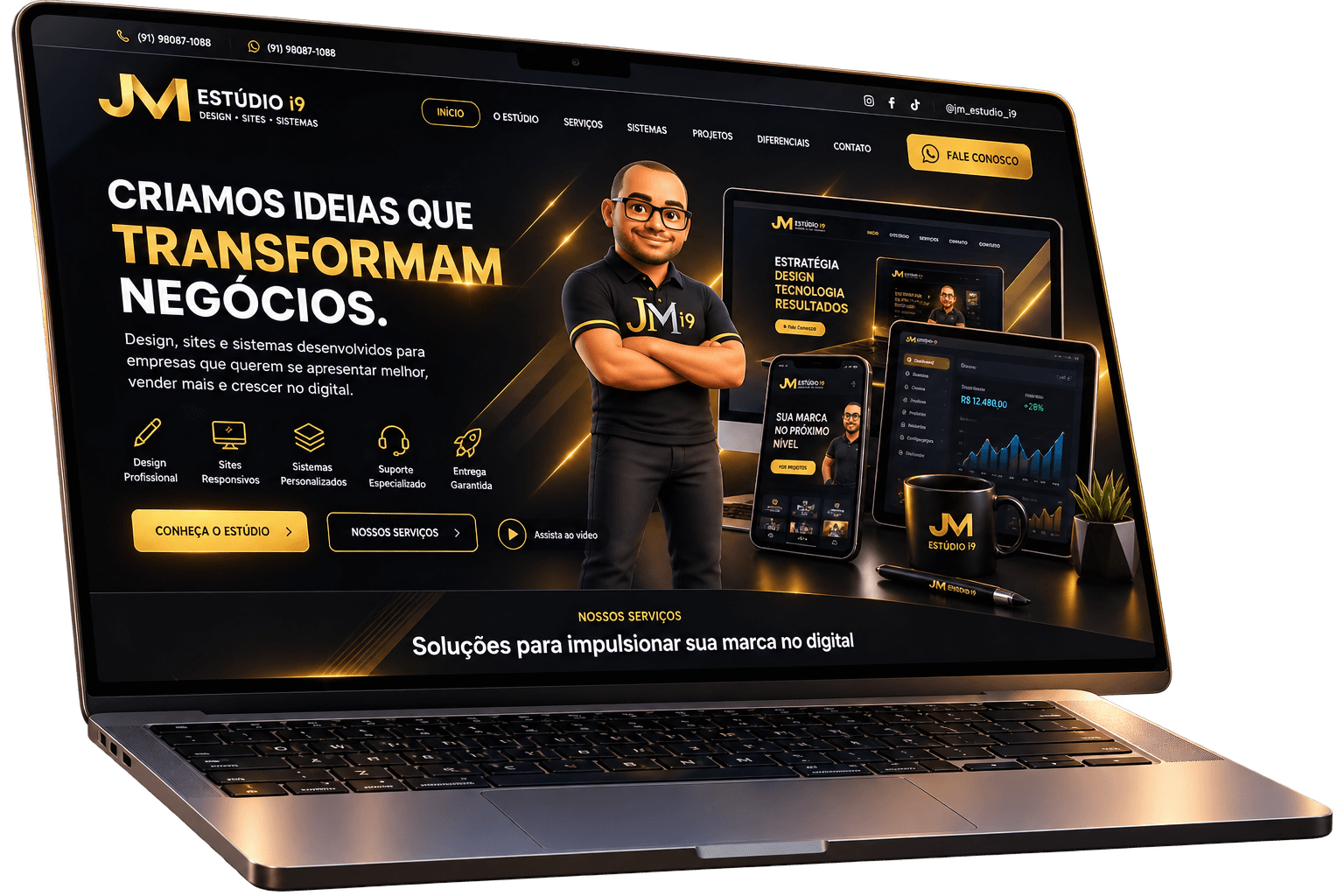 Site institucional JM Estúdio i9 em um notebook
